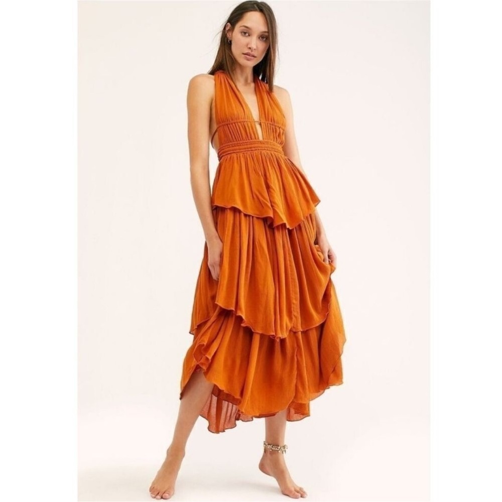 Free People Drop Dead Orange Ruffled Tiered Maxi Dress